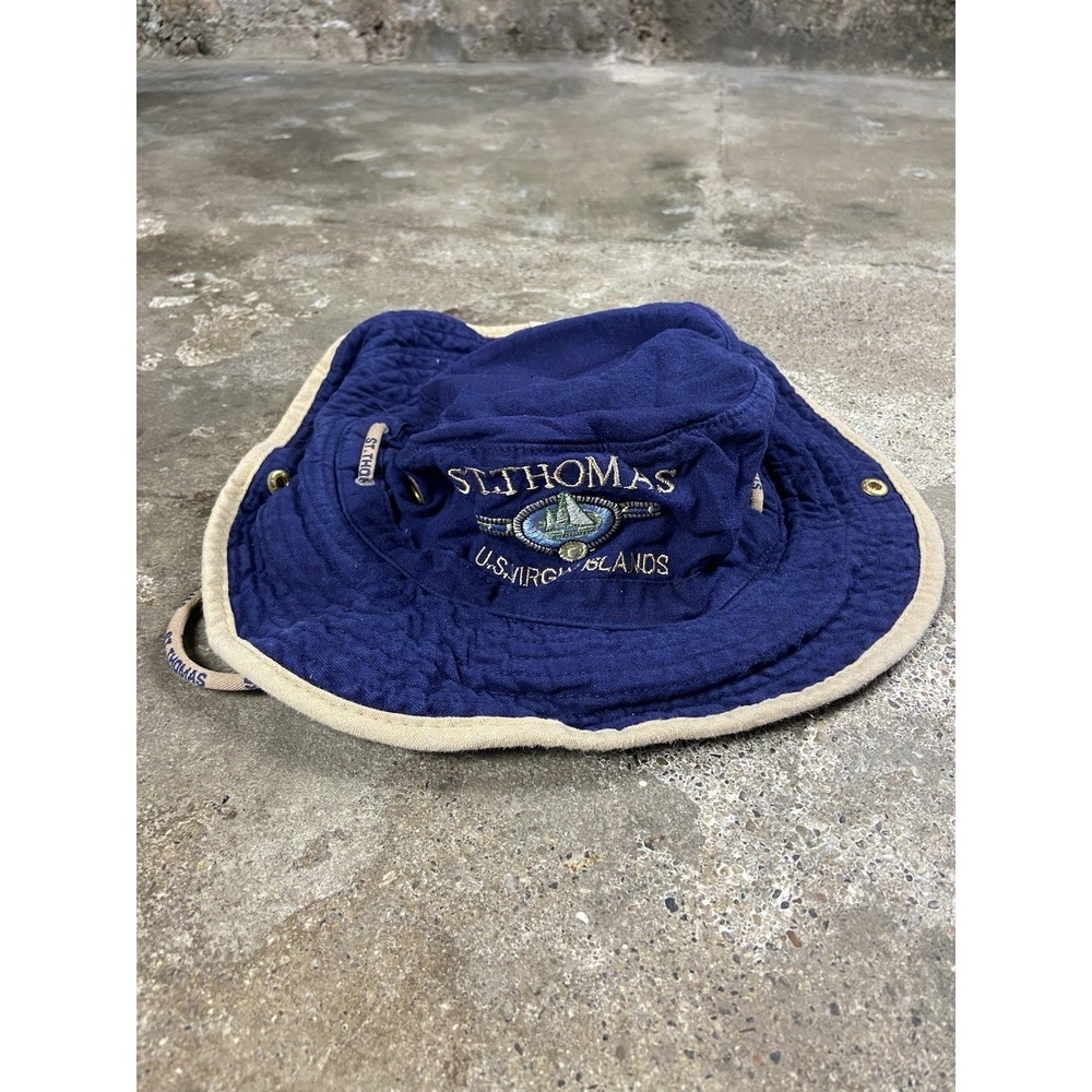 Vintage St. Thomas Virgin Islands Bucket Hat Size 62cm Navy Blue Caribbean Logo